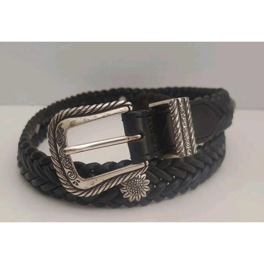 Vintage 1996 Brighton Childrens Youth Belt Size L Black Woven Leather Sunflowers